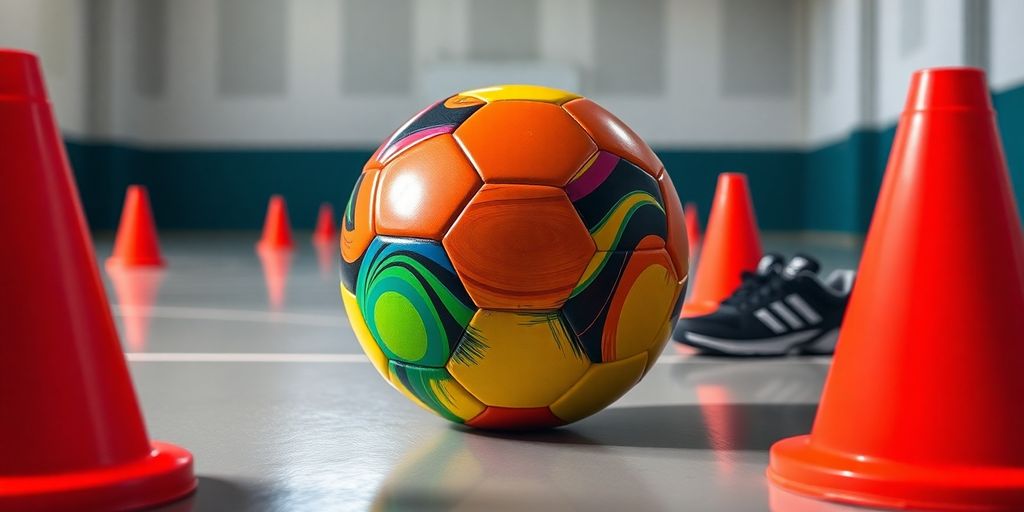 Custom futsal ball on an indoor court with cones.